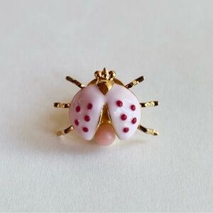 Ladybug Pin Brooch with Angel Skin Coral Bead (Pink and Red Enamel on Gold)